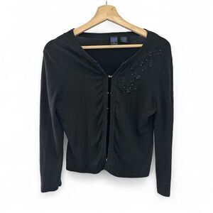 Vintage Star City Black Beaded Cardigan Sweater Medium 90s Y2K floral shiny chic